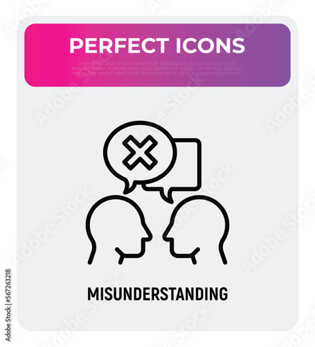 Misunderstanding in conversation between two persons. People are talking and in one speech bubble is cross mark. Conflict, disagreement. Modern vector illustration.