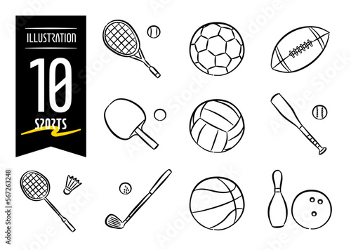 Set of 10 hand-drawn pop-style icon illustrations with sports motifs