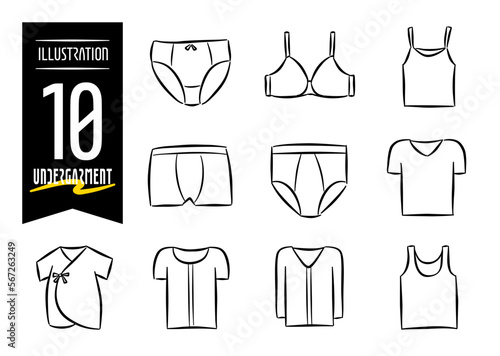 Set of 10 hand-drawn pop-style icon illustrations with undergarment motifs