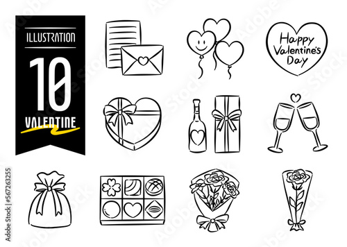 Set of 10 hand-drawn pop-style icon illustrations with valentine motifs