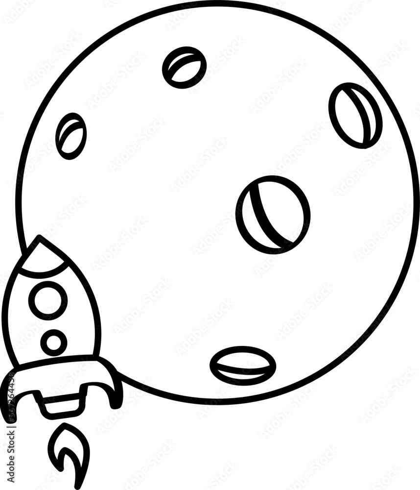 Moon with rocket line art illustration Moon with rocket line art illustration