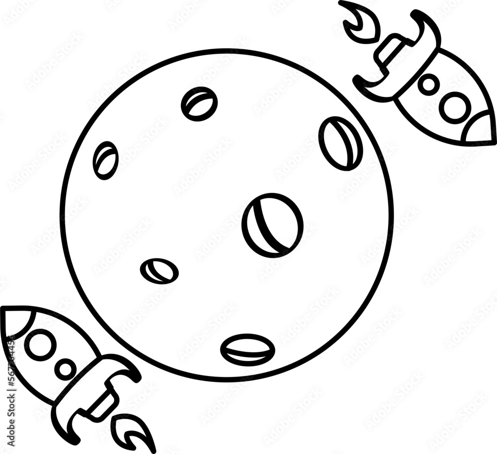 Moon with rocket line art illustration Moon with rocket line art illustration