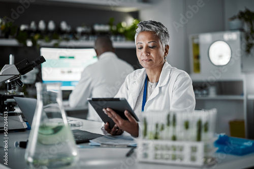 Foto Woman, thinking or tablet in biology laboratory in plant science, medical research or gmo food engineering