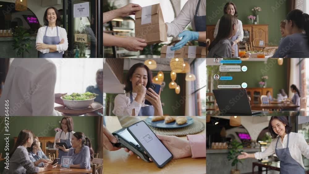 Mosaic multiple screen of mature middle age adult asia woman work at cafes coffee shop SME owner. Smile happy pride people, serving food drink order, loan chatbot, open store greeting, smart POS pay.
