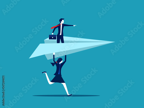 Businesswoman leader holding a paper airplane. Encourage business organizations to succeed. Business and investment concept. vector illustration eps