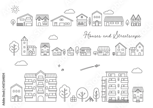 シンプルな黒い線の家と住宅地の街並みベクターイラスト