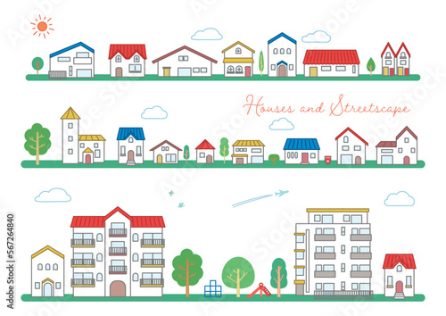 シンプルでかわいい家と住宅地の街並みベクターイラスト