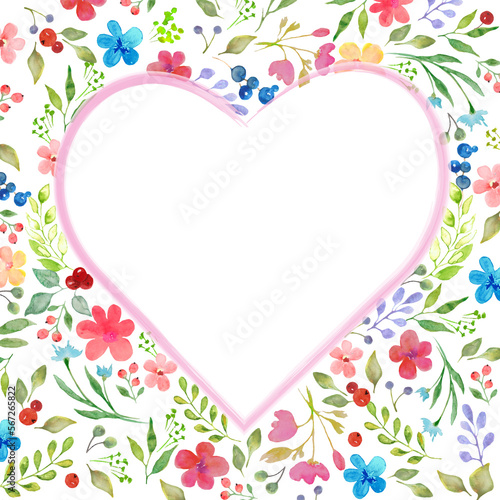 Watercolor flowers heart frame. Hand drawn floral illustration. Background for greeting cards, invitation.