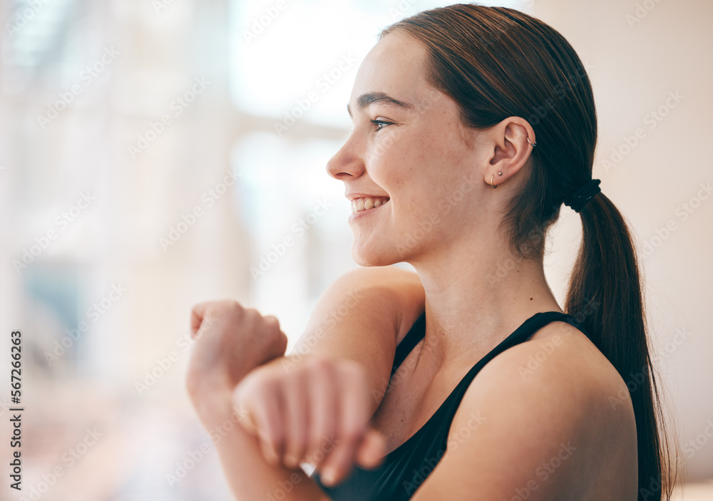 Stretching arms, happy and woman ready for fitness, training and exercise for morning energy. Freedom, gym and girl smiling for a warm up before a workout, sports or thinking of motivation for cardio