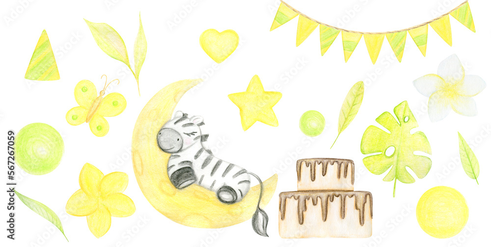 Watercolor Hand Drawn Cute Zebra Birthday Holiday Set Illustration