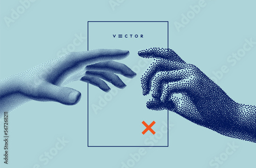 Hands reaching towards each other in сoarse and fine style. Concept of human relation, togetherness or partnership. Model with stipple effect. 3D vector illustration for banner, cover or brochure.
