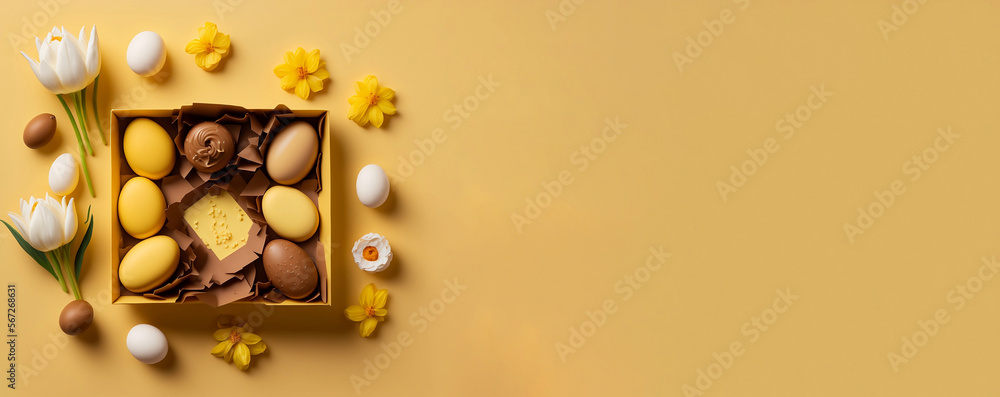 Easter composition, eggs, spring flowers flat lay on left side of yellow background, spring mood, Greeting card, banner, easter background, generative ai