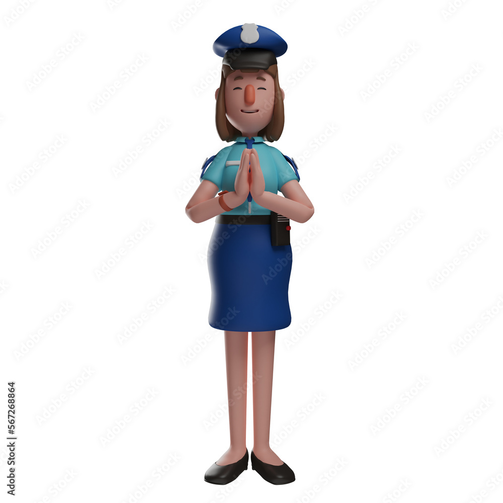 3D illustration. 3D Police Woman character illustration cupping her hands. showing a sweet smile. wear cute costumes. 3D Cartoon Character