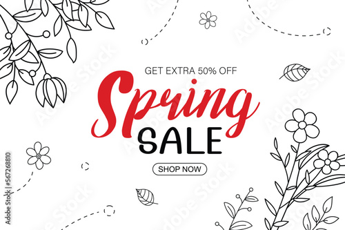 Spring sale banner with leaf and flower hand drawn on white background. Poster sale up to 50% off.