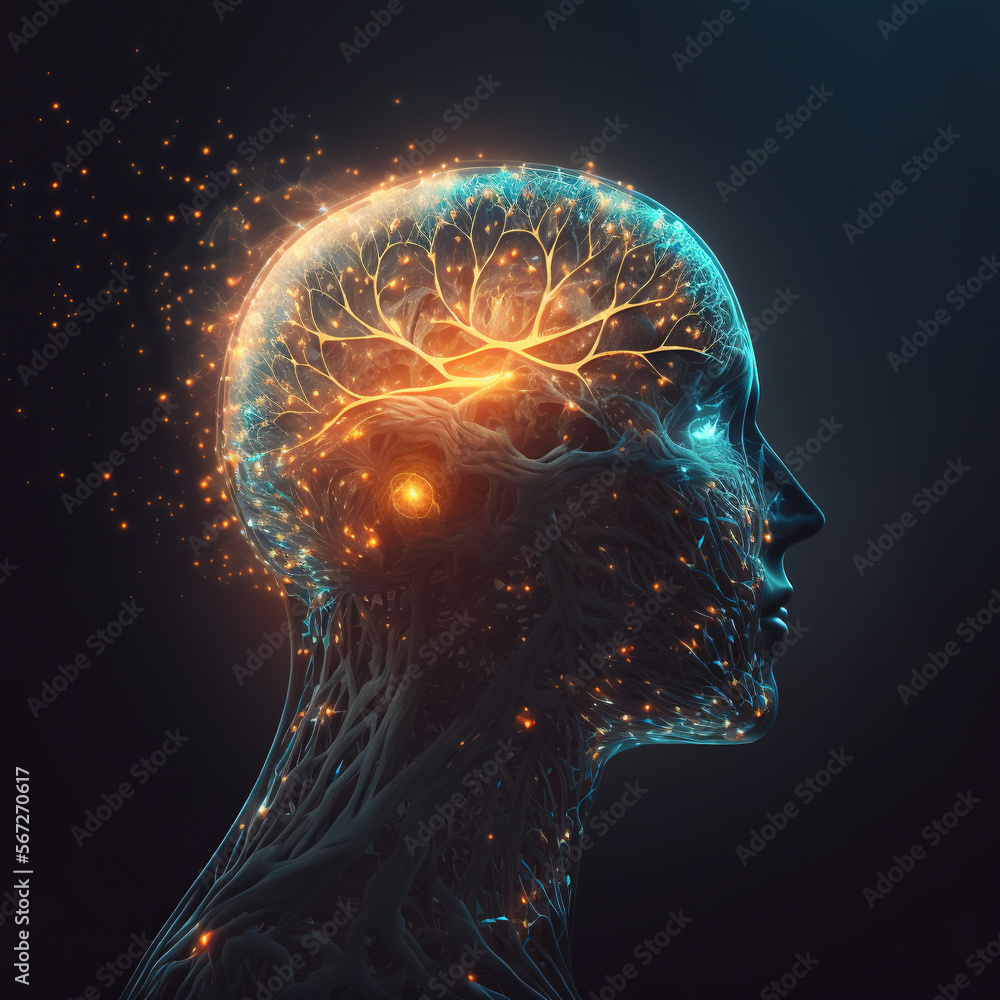a human head with a glowing brain and a glowing brain map in the middle of it's head, with a black background and a blue hued out area. generative ai - obrazy, fototapety, plakaty 