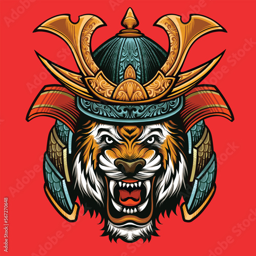 Samurai japanese warrior skull and tiger vector illustration