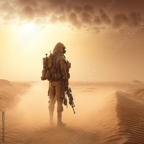 alone soldier in the desert, during a sandstorm, generative AI