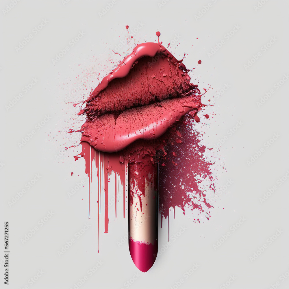 Bright red lipstick makeup texture, heart shape, smear smudge swatch on white isolated background. Generation AI - obrazy, fototapety, plakaty 