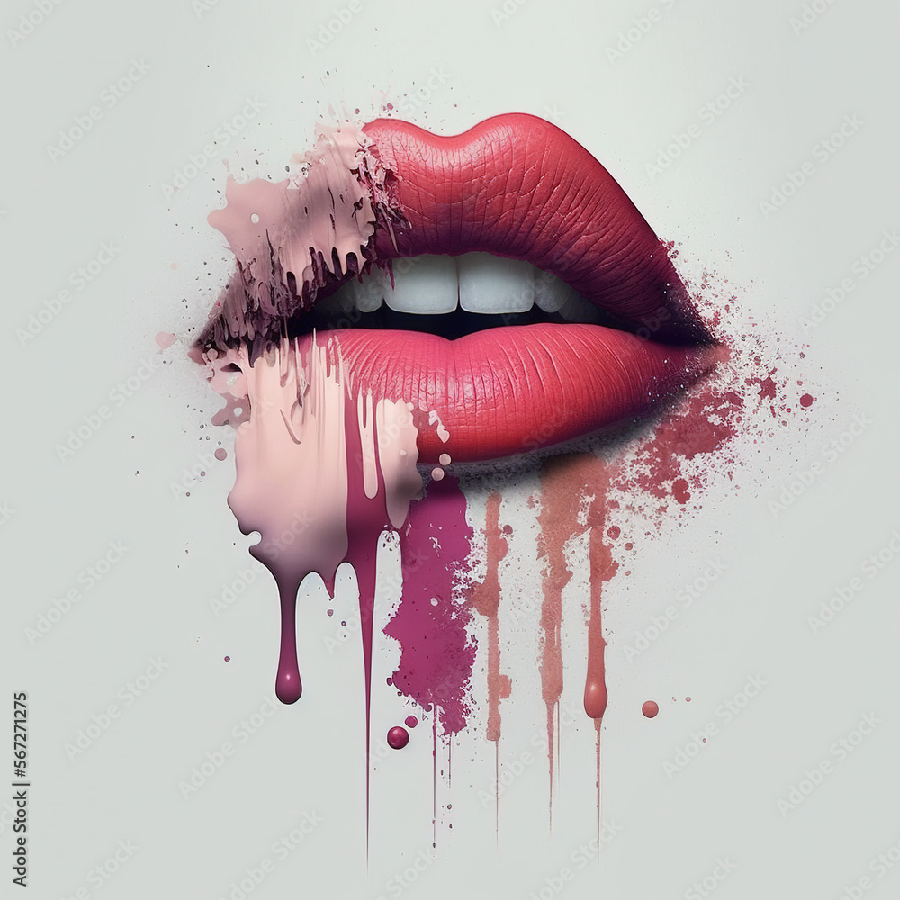 Bright red lipstick makeup texture, lips shape, smear smudge swatch on white isolated background. Generation AI - obrazy, fototapety, plakaty 