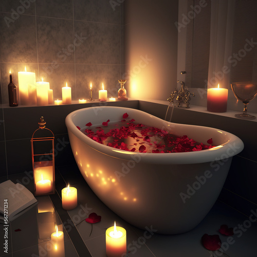 romantic bath in the tub, bath with rose petals, generative AI