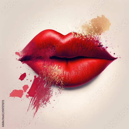 Bright red lipstick makeup texture, lips shape, smear smudge swatch on white isolated background. Generation AI