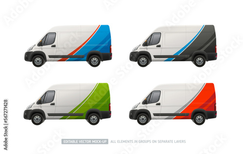 Realistic vector Van mockup set with branding wrap decal design and corporate identity. Abstract graphics and logo place on branding vehicle. Company delivery truck concept for transport advertising