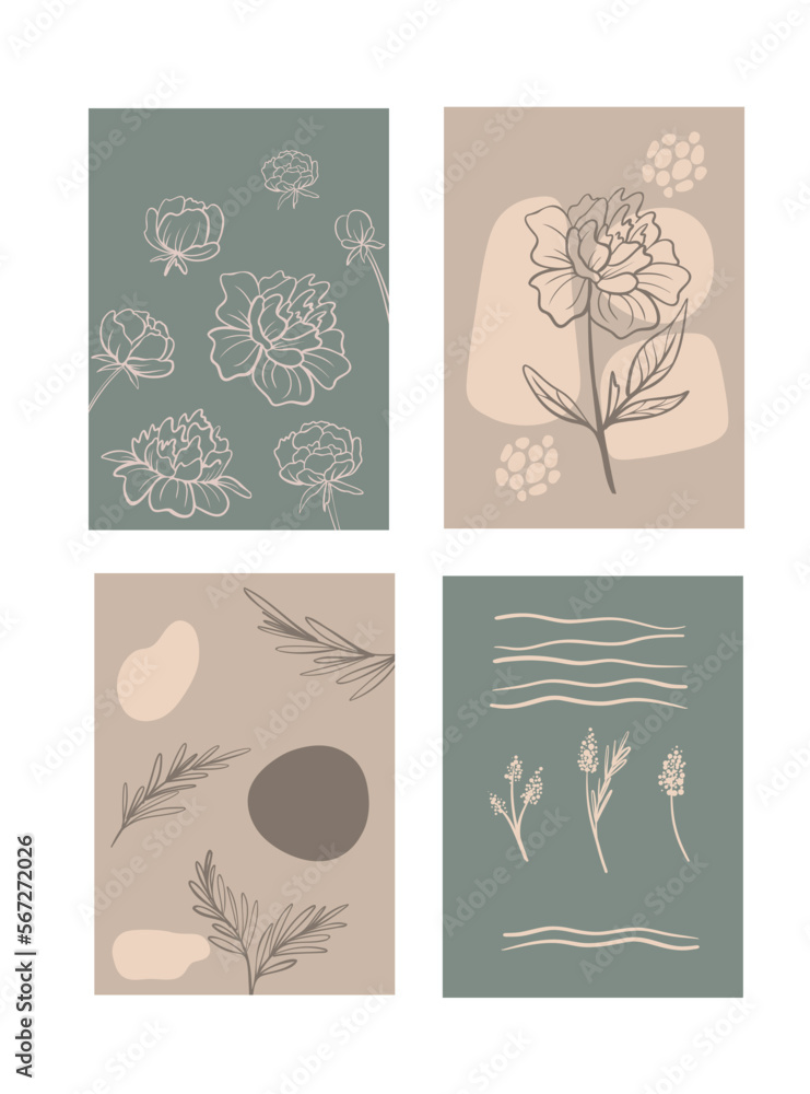Set of cards with abstract elements , flowers and leaves in pastel colors. great for postcards, social networks, posters, flyers. Vector illustration