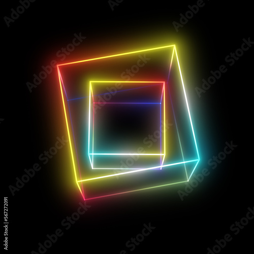 Neon cubes on black background.