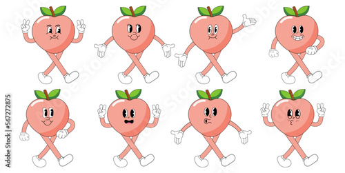 A Set of peach cartoon groovy stickers with funny comic characters, gloved hands. Modern illustration with legs and arms.