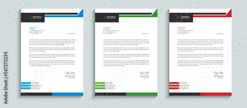 Minimal corporate official business letterhead template design. Professional company brand stationary identity and cover layout template with red, blue, and green colors.