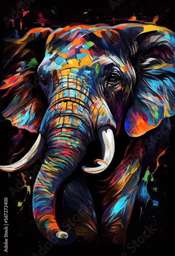 Majestic elephant, colorful portrait, oil painting. Generative art