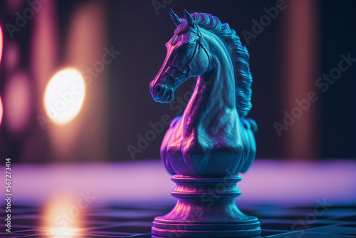 Vaporwave chess piece knight with neon light on dark background, Art objects for the exhibition of classical and contemporary illustration, generative ai