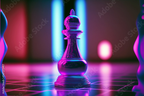 Fényképezés Vaporwave chess piece pawn with neon light on dark background, Art objects for t