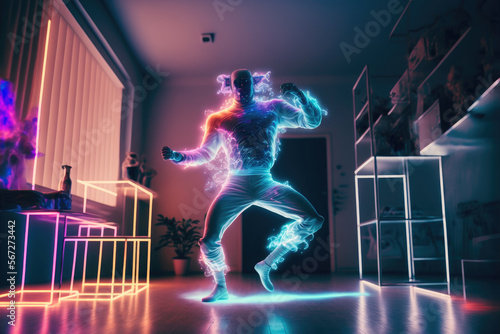 Man dancer with lights glowing effect of power and energy. Flyer with stylish man, brakedance in motion  with neon colorful elements. Movement, street style and fashion, action. Generative ai © Dmytro Tykhokhod