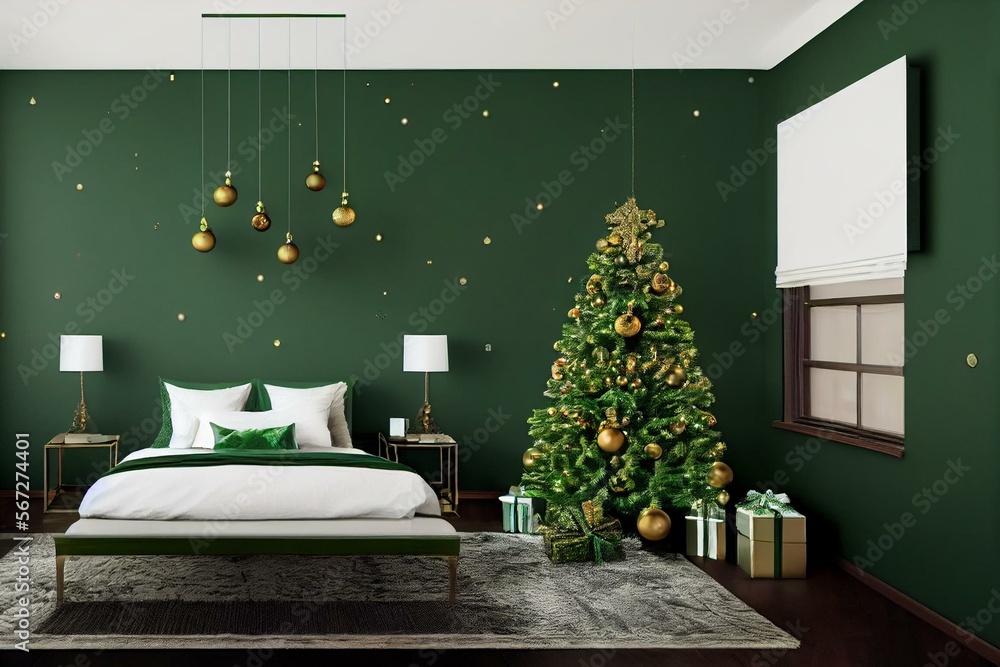 Christmas decorations in the bedroom. Bedroom interior with green walls ...