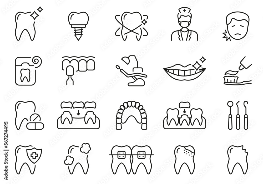 Dental Medical Care Line Icon Set. Oral Hygiene, Healthy Teeth Linear Pictogram. Dentist's