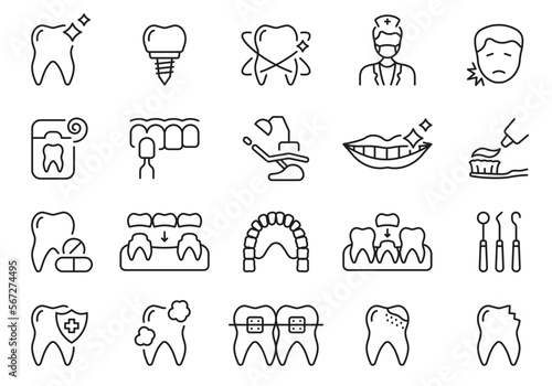 Dental Medical Care Line Icon Set. Oral Hygiene, Healthy Teeth Linear Pictogram. Dentist's Instrument. Dentistry Outline Symbol. Dental Treatment Sign. Editable Stroke. Isolated Vector Illustration