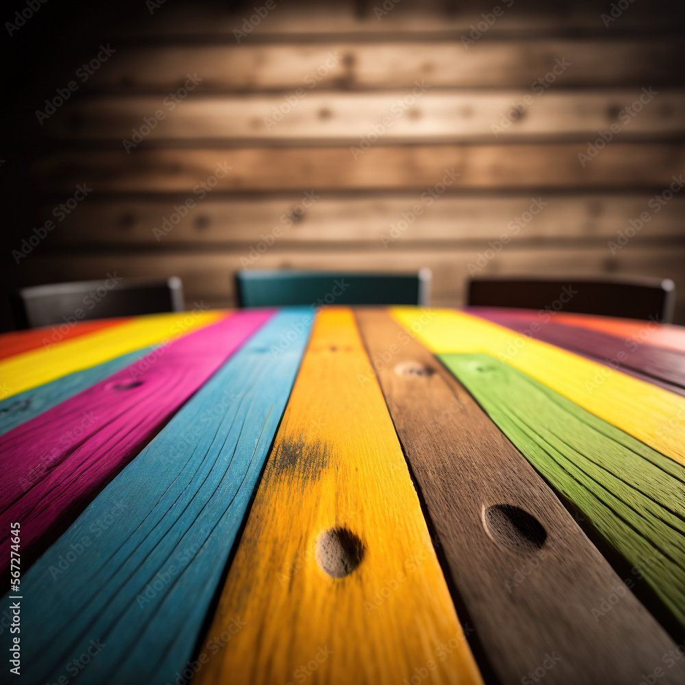 colorful wooden table on wooden background, generative AI, empty space - obrazy, fototapety, plakaty 