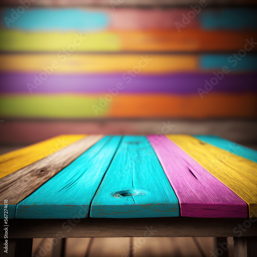 colorful wooden table on wooden colorful background, generative AI, empty space