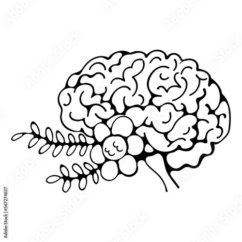 vector illustration of human brain with blooming flowers 