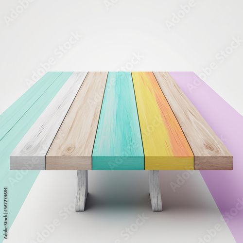 colorful wooden table on white background, generative AI, empty space 