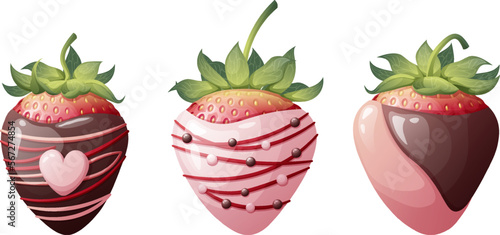 Set of strawberries in chocolate with decoration on an isolated background. Romance, valentine's day, sweet dessert. Vector illustration.
