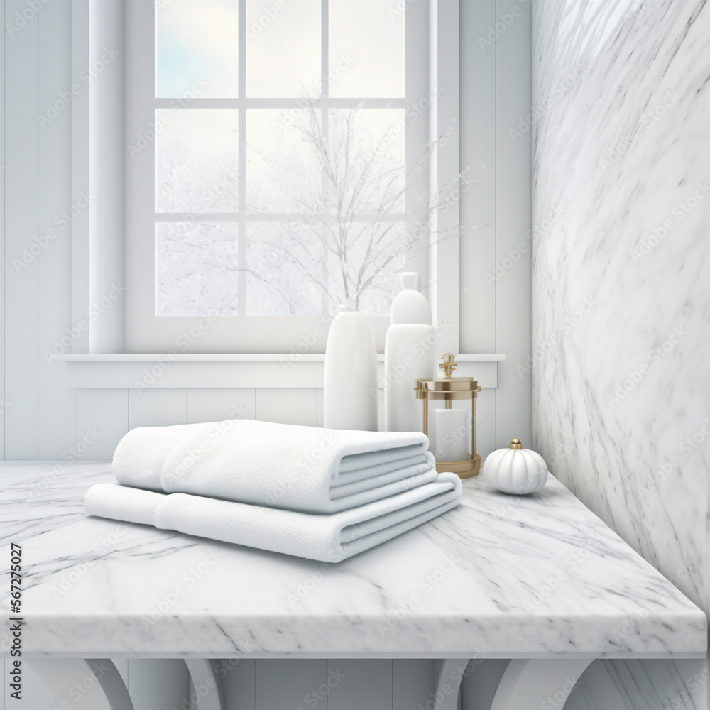 Interior design, arranged towels in the bathroom, generative AI - obrazy, fototapety, plakaty 