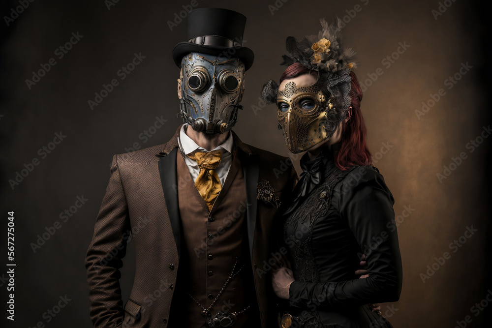 Portrait of a Couple in Steampunk Attire and Masks - Generative AI Portrait of a Couple in Steampunk Attire and Masks - Generative AI