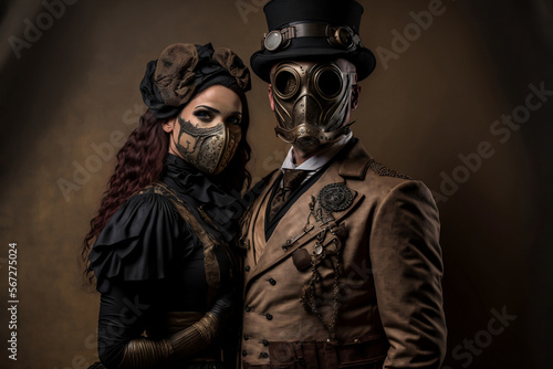 Portrait of a couple in steampunk masks and outfits - Generative AI