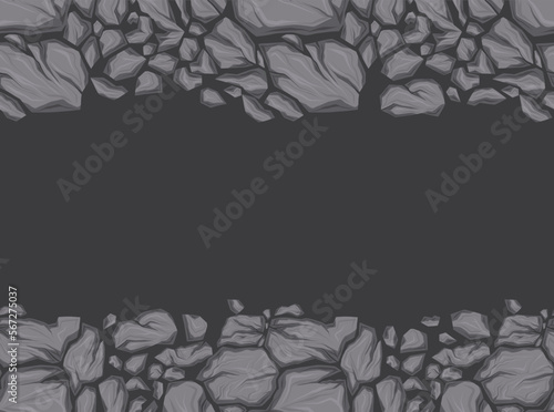 Horizontal vector card with border broken stones and copy space. Earthquake and destruction. Frame with silhouette of smashed rocks