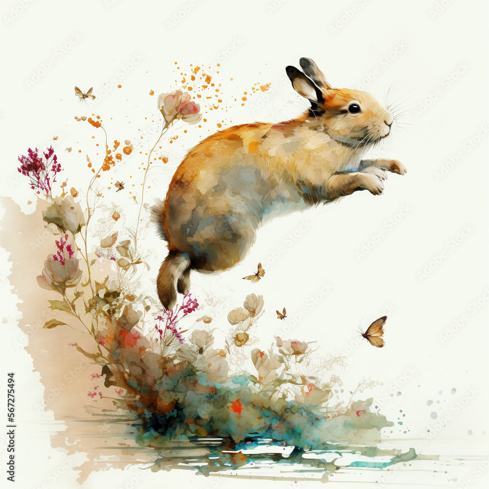 watercolour painted easter bunny, bunny jumps, spring flowers, generative AI - obrazy, fototapety, plakaty 