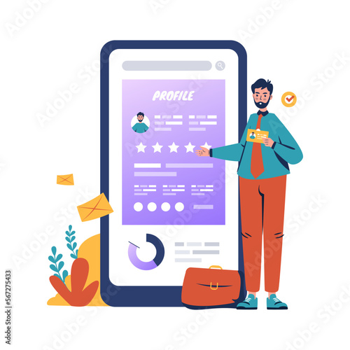 A man making online portfolio profile vector illustration