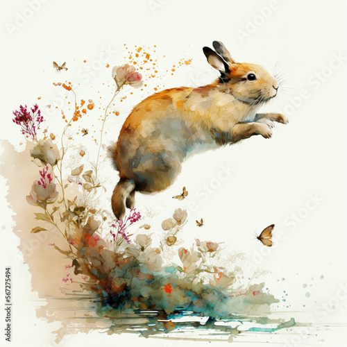 watercolour painted easter bunny, bunny jumps, spring flowers, generative AI
