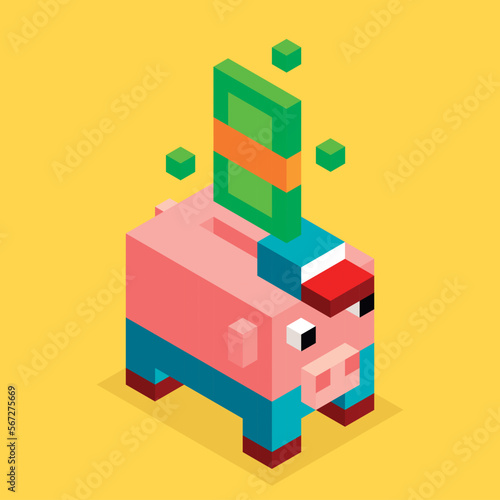 Isometric piggy bank courier in NFT style
